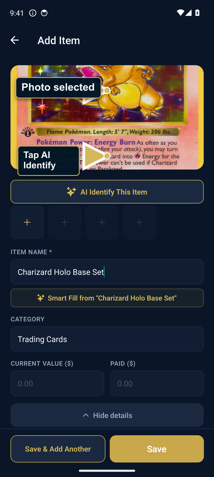 Add Item screen with a selected Charizard photo and AI Identify button highlighted