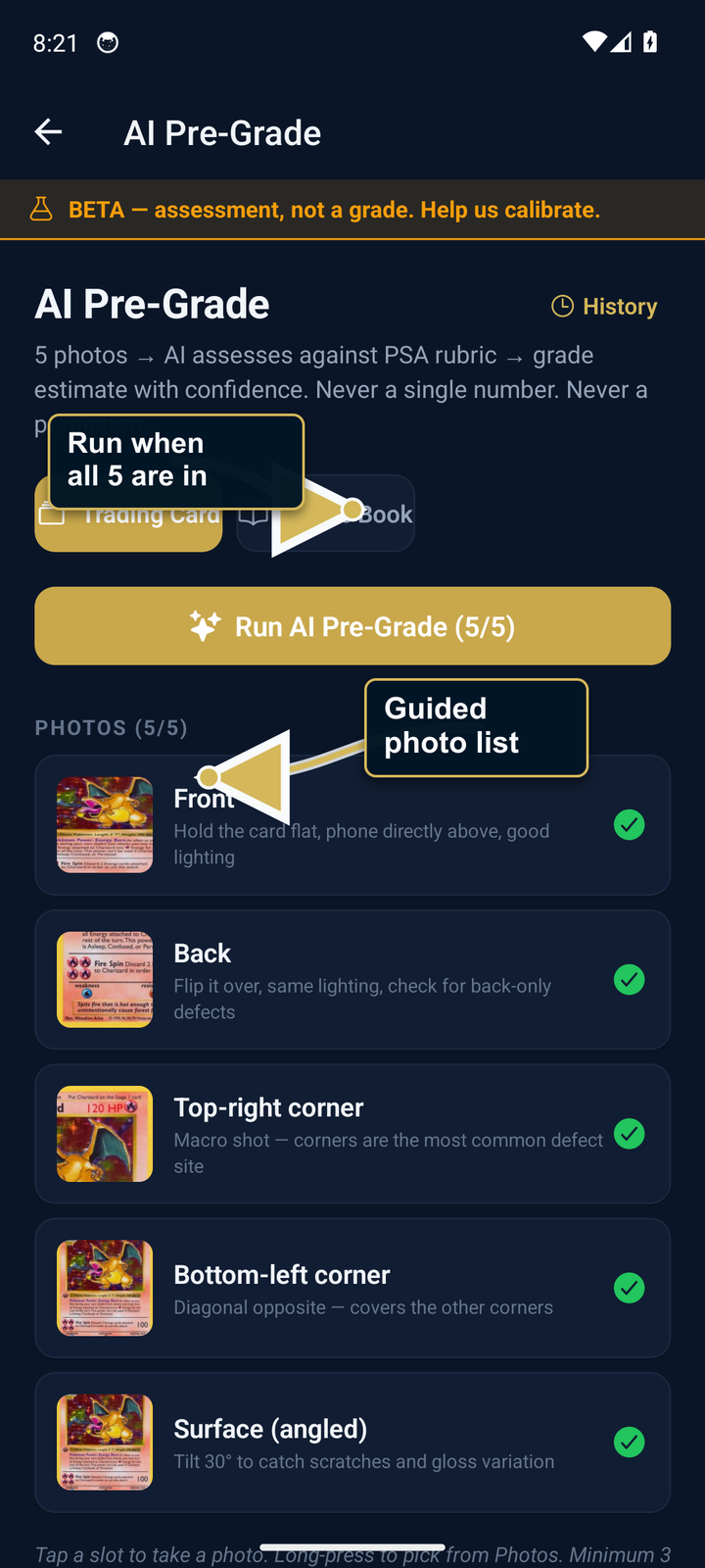 AI Pre-Grade capture screen with the five guided photo slots and run button highlighted