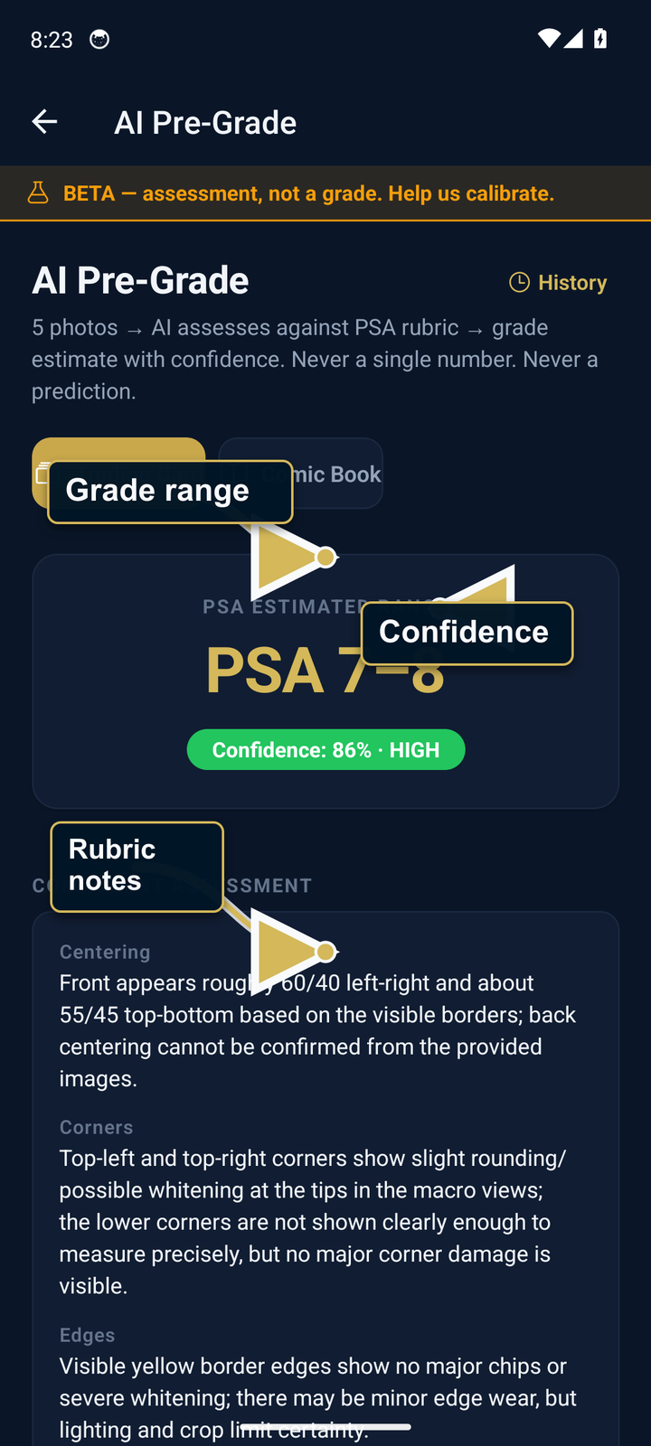 AssetVault AI Pre-Grade result with grade range and confidence