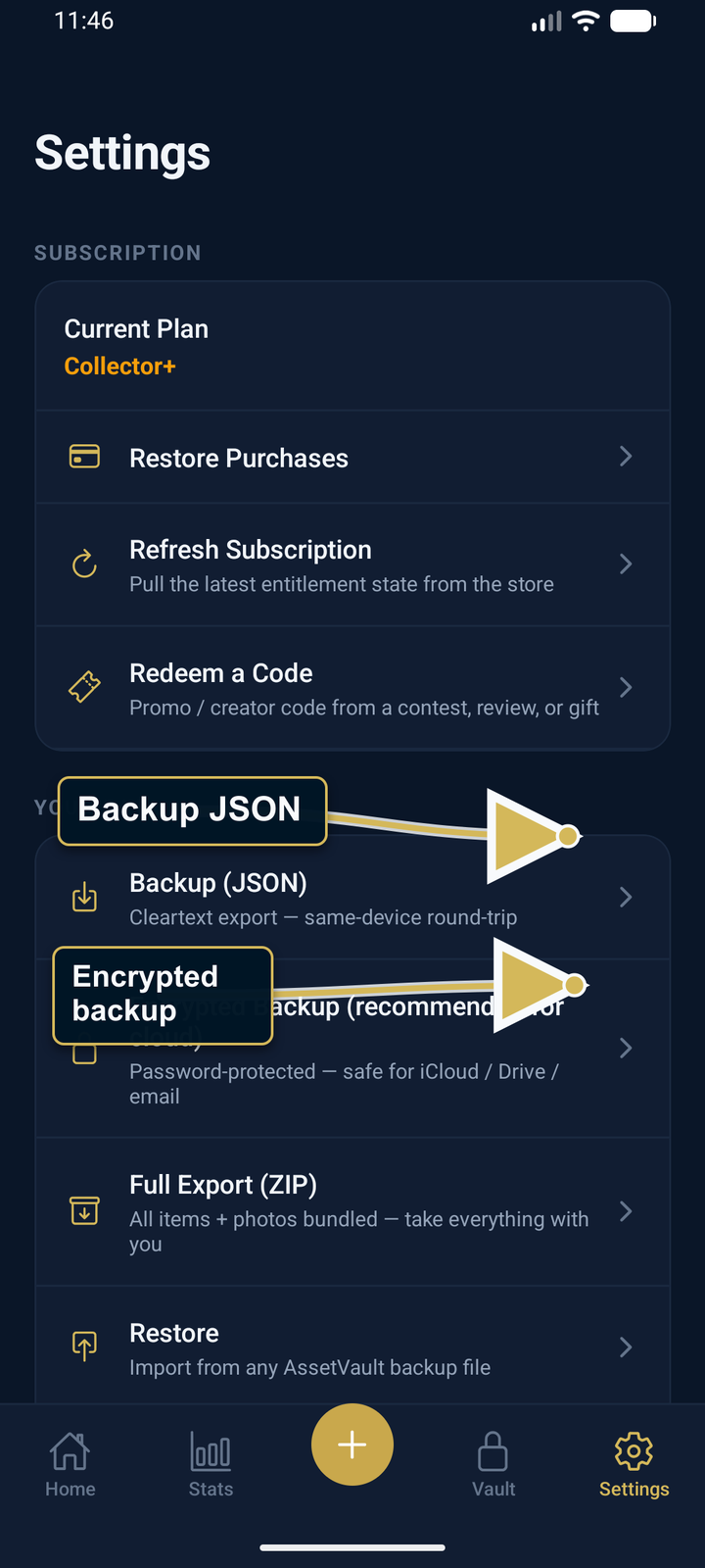AssetVault backup settings screen