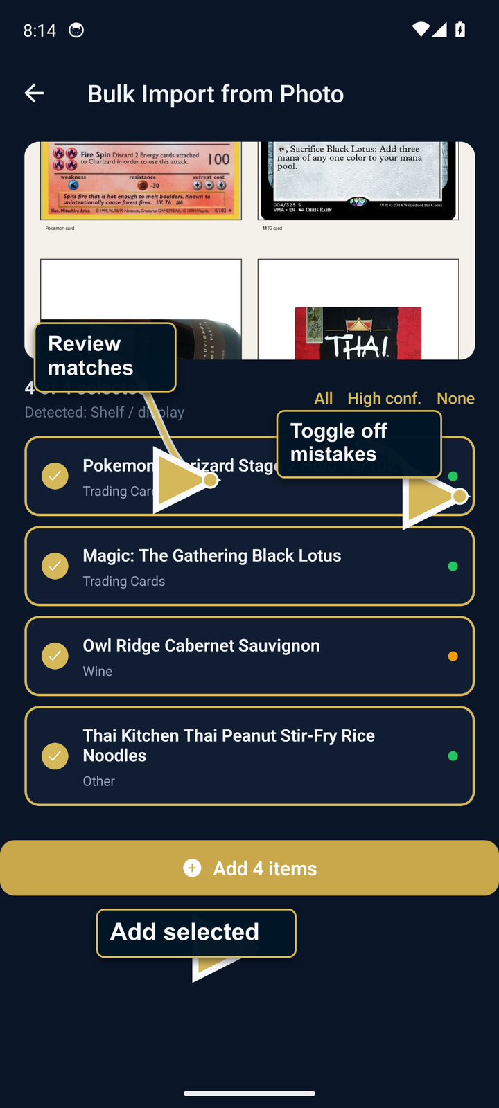 Bulk Photo Import review screen with extracted items and Add selected callouts
