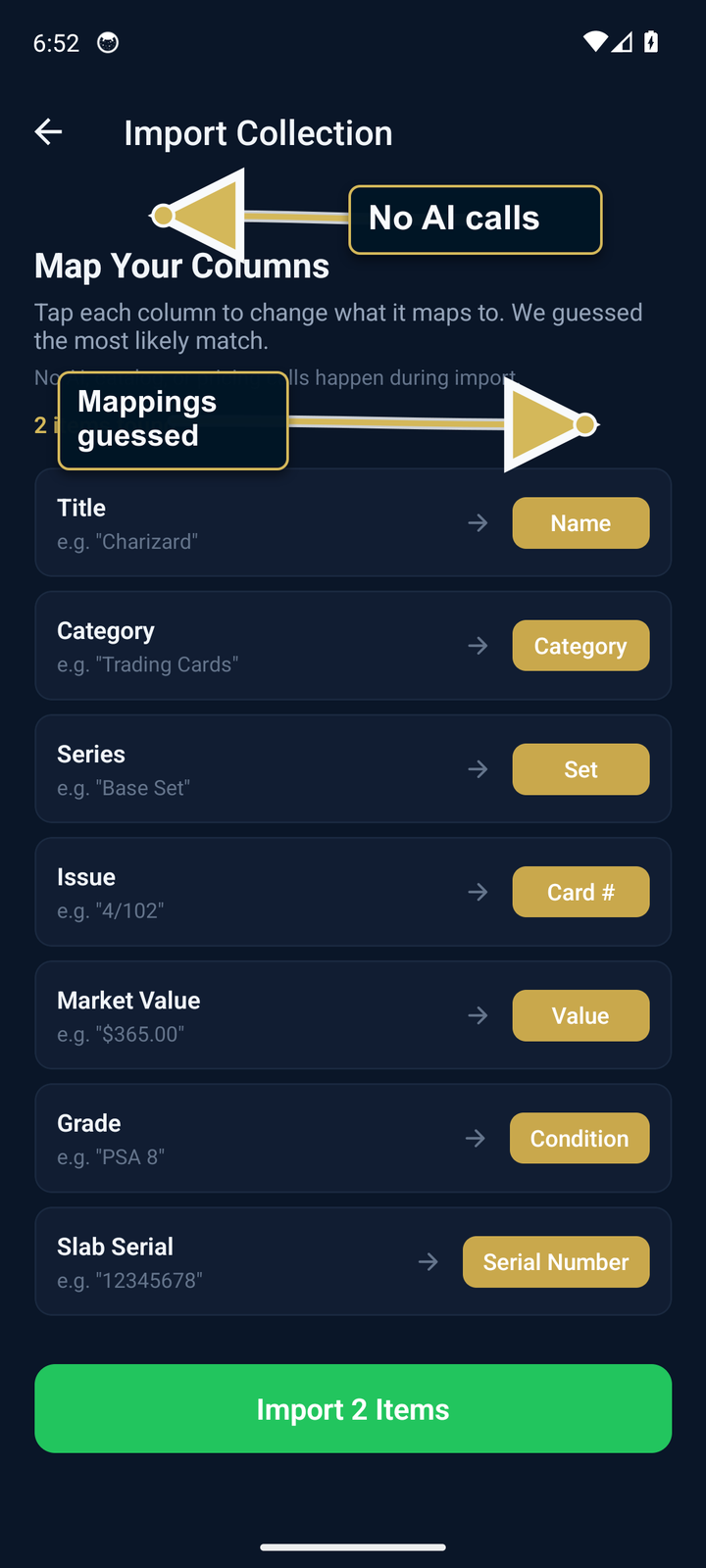 CSV import mapping screen with no-AI callout and guessed field mappings highlighted
