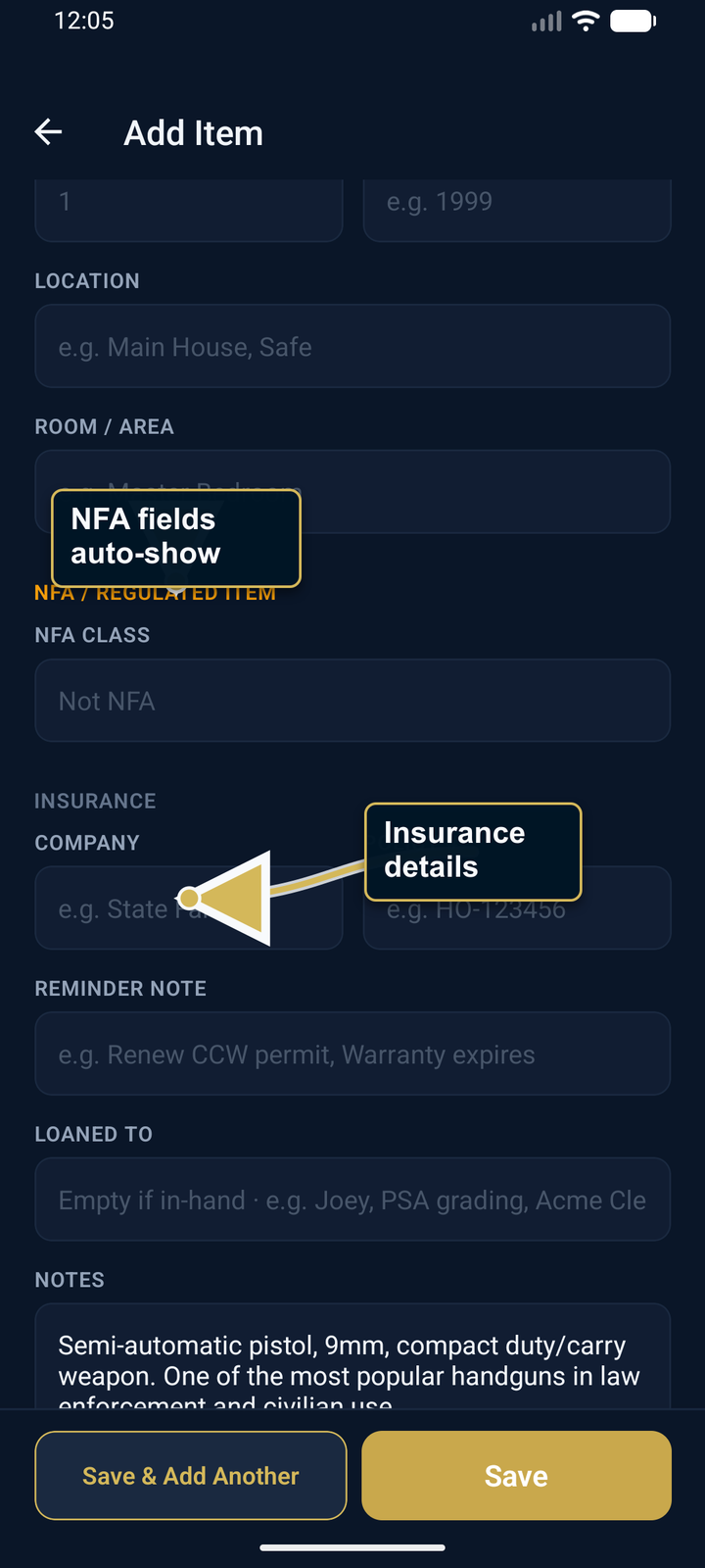 Firearms Add Item screen with NFA and insurance fields highlighted