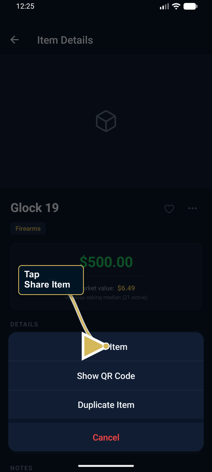 Firearms item Detail menu with Share Item highlighted