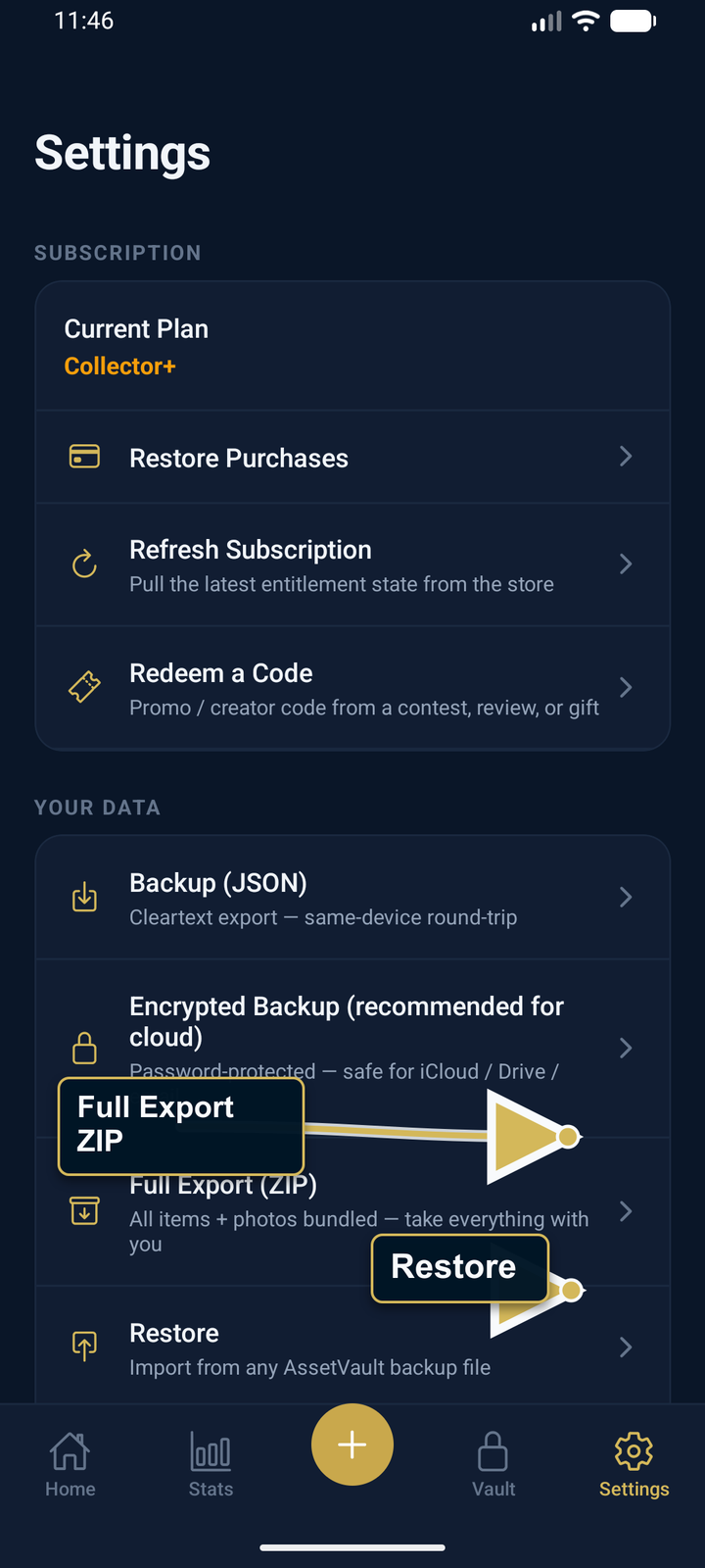 AssetVault Full Export ZIP setting