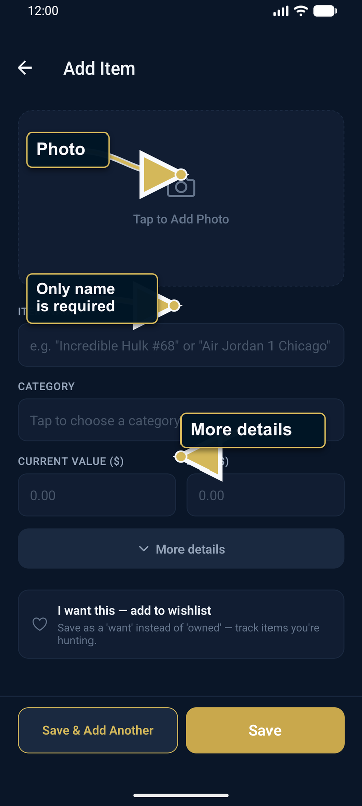AssetVault add item screen for private inventory records