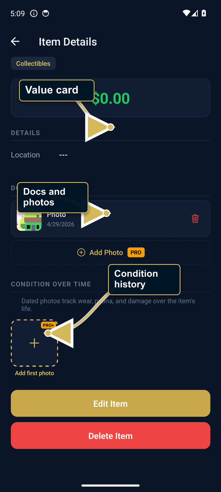 AssetVault item detail screen with photos and values