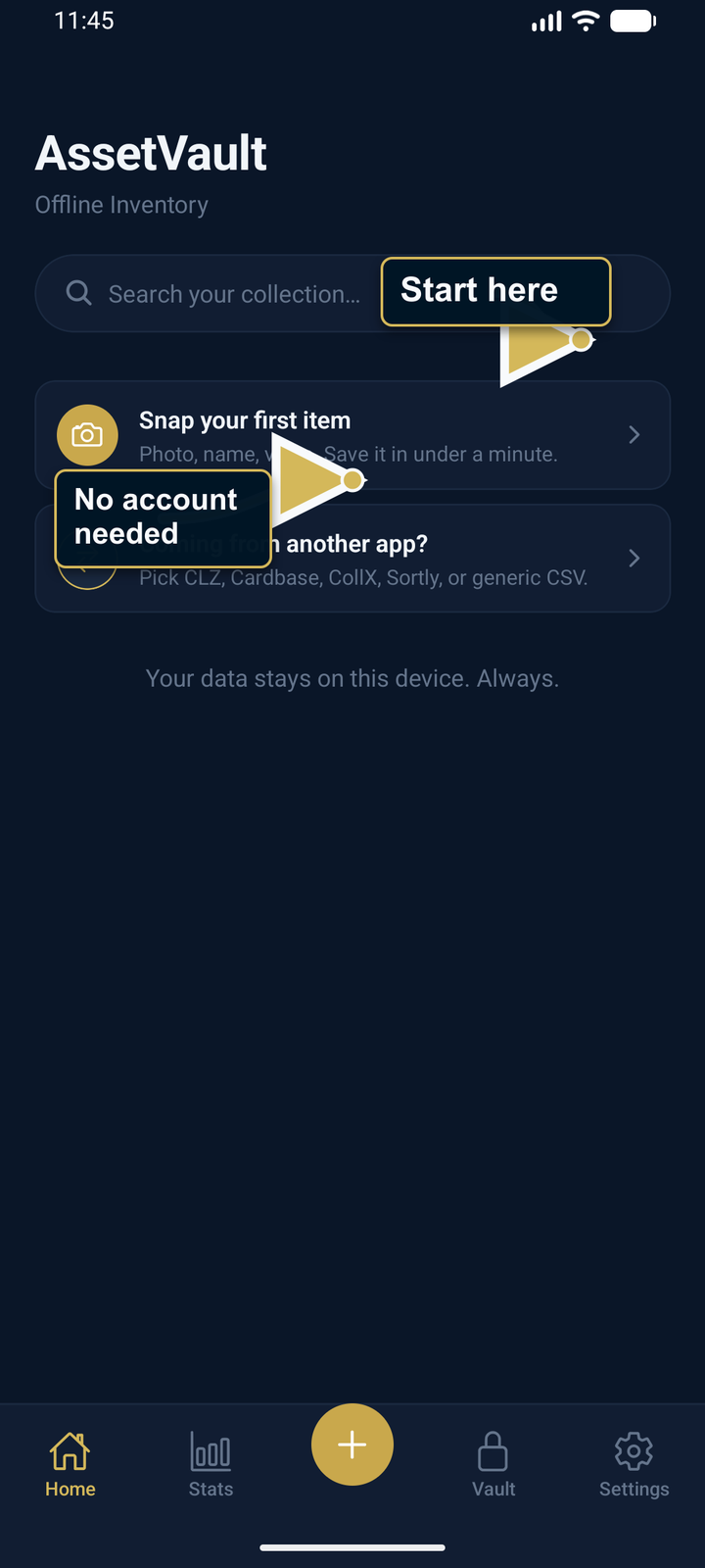 AssetVault Home screen with the first item action highlighted