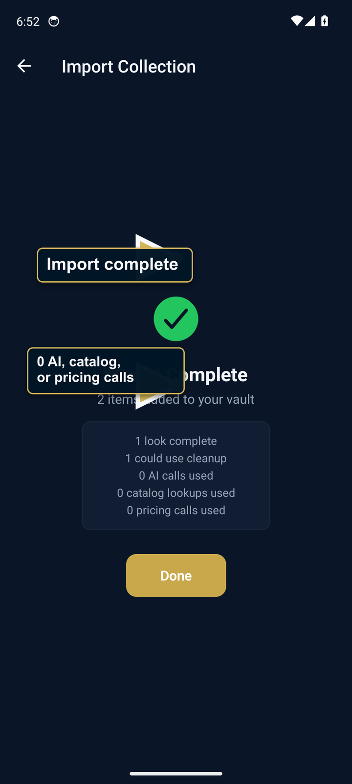 Import Complete screen with the zero AI, catalog, and pricing calls summary highlighted